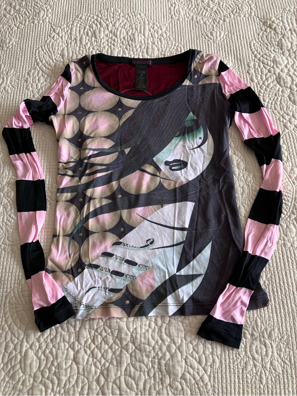 VTG Custo graphic long sleeve top with Pink & Black Stripes